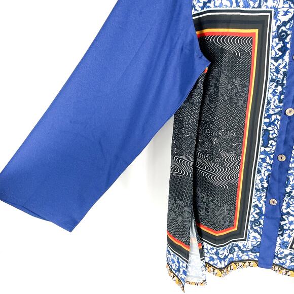 Citron Santa Monica Shirt Blue Printed Button Up Long Sleeve Collarless Sz 2X - Picture 3 of 8